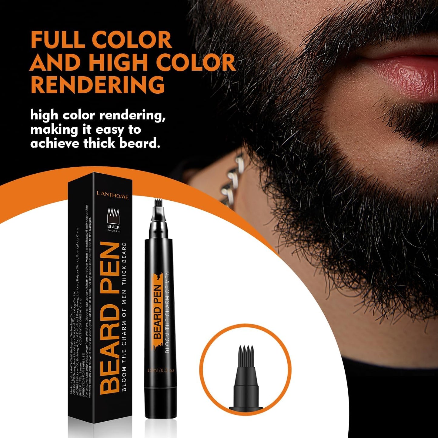 Beard Pencil Filler for Men (Black), Four-fork Tip Beard Styling Pen, Waterproof Sweat Proof Long Lasting Pencil for Men Father Gift